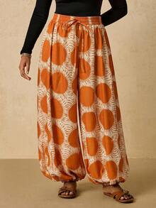 Travachic Plus Size Women's Sun Print Waist Tie Loose Cuffed Long Pants - Multicolor - View 4
