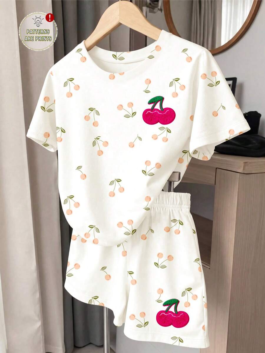 復古甜美可愛櫻桃印花,女嬰簡單休閒寬鬆兩件套 Chill Chill,嬰兒&女嬰圖案,韓系風格,Y2K,戶外野餐 - 彩色 - 查看 1