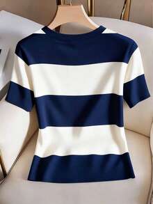 Resyla Kaos Wanita Kasual Musim Panas dengan Motif Blok Warna dan Patchwork - Navy Blue - View 2