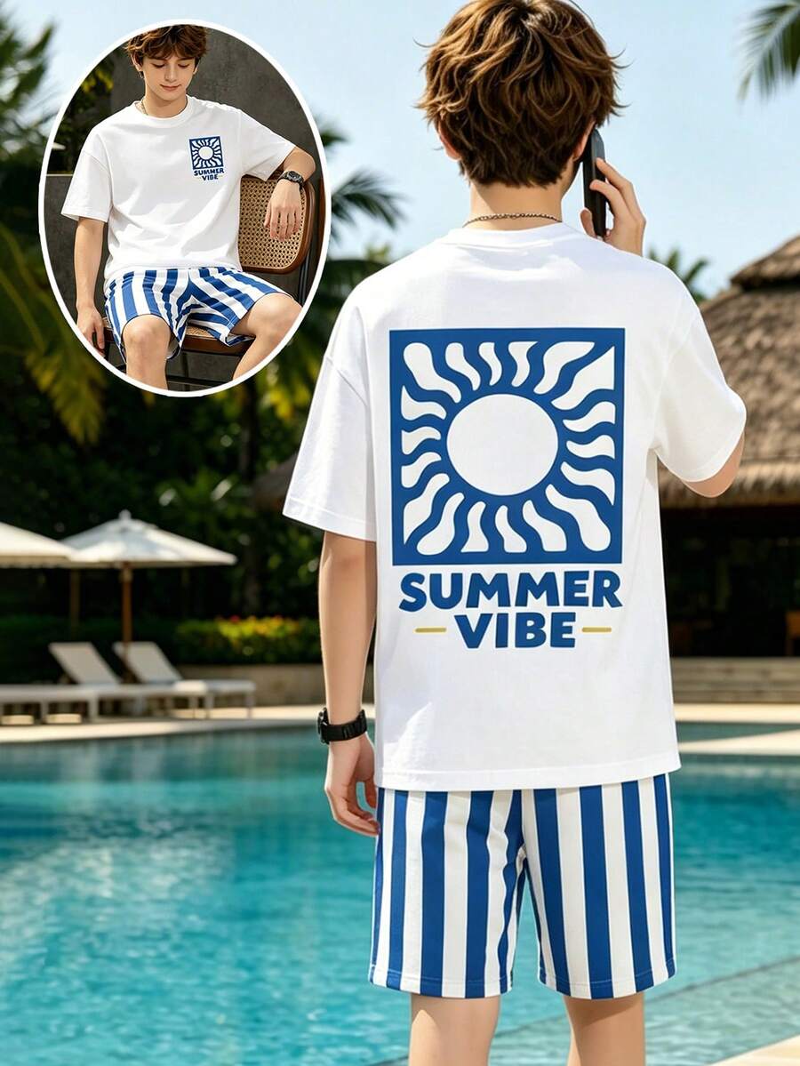 1套Ins熱門男童夏季套裝,前胸小Logo搭配後背太陽印花,配搭清爽條紋短褲。藍白活力配色營造度假氛圍,適合海邊、出遊、聚會,拍照效果佳,易搭配且百搭。 - 彩色 - 查看 1