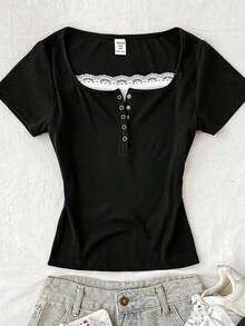 Tween Girls T-Shirts Burgundy Short Sleeve T-Shirt, Y2K Retro Casual Girl Home Lace Trim Tween Girls Fitted Navy Blue Polyester Short Sleeve Tee With Keyhole Neck And Ruched Bust For Everyday Style - Black - View 5