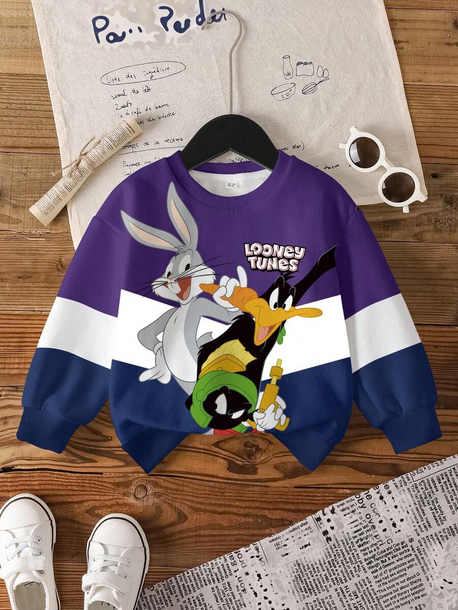 LOONEY TUNES X SHEIN 小男孩圓領撞色字母卡通印花休閒百搭日常穿搭運動衫 - 白色 - 查看 1