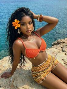 Slaydiva Bikini Top Cup-Shaped Burnt Orange Brown Striped Twisted Shoulder Straps Shell Woven Belts Beach Vacation Holiday Wear Two Pieces Set Summer Sexy - Orange - View 10