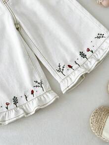 LMoss Kids Baby Girls' Floral Embroidery Loose Khaki Denim Pants - White - View 4