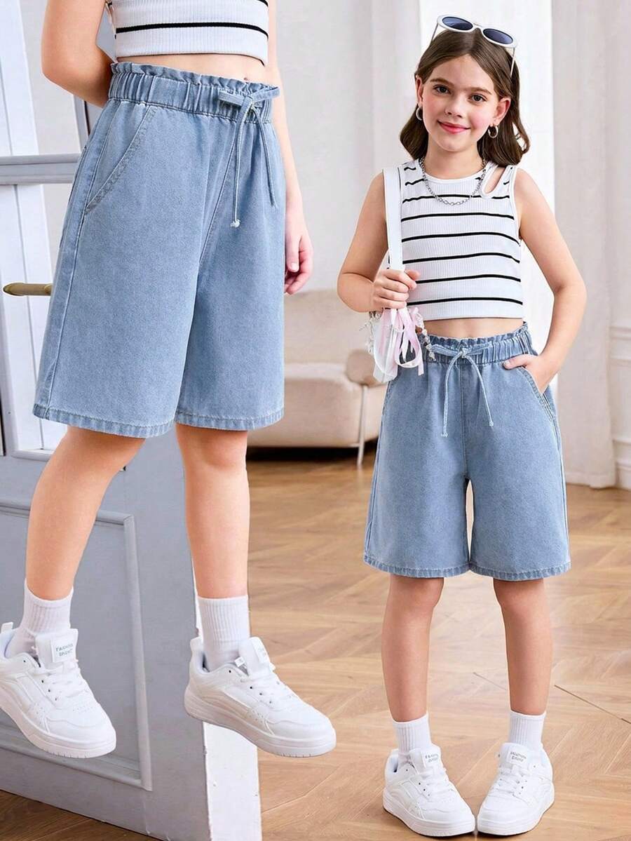 SHEIN Tween Girl Summer Casual Wide Leg Denim Shorts - Light Wash - View 1