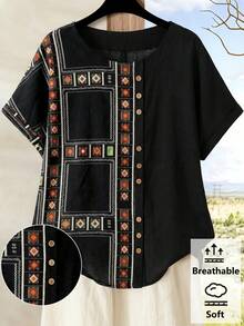 Rusticease Plus Size Vacation Casual Geometric Print Shirt - Black - View 1