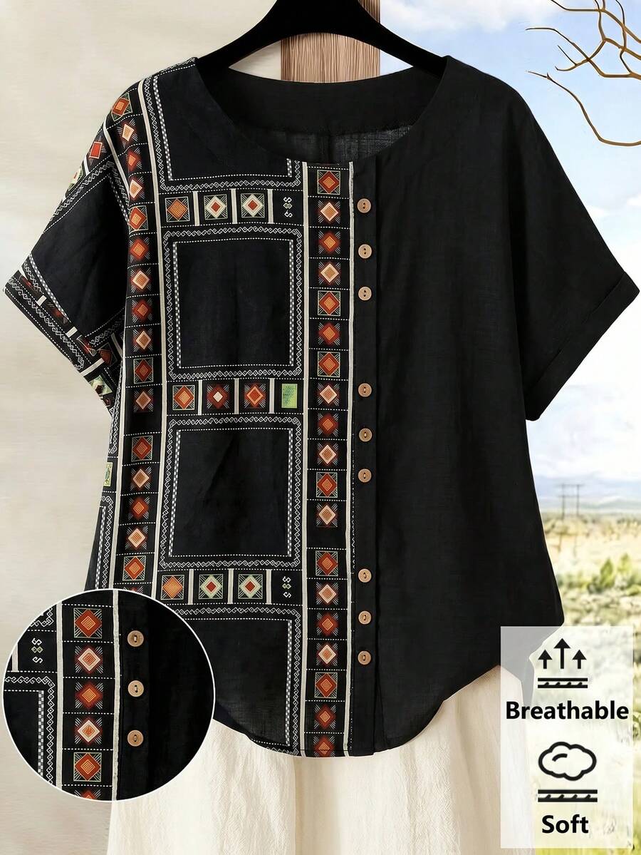 Rusticease Plus Size Vacation Casual Geometric Print Shirt - Black - View 1