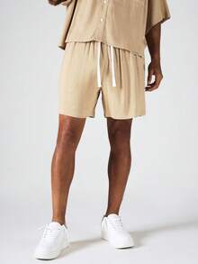 SUMWON Celana Pendek Bertali Serut Berbahan Linen dengan Pinggang Elastis Berkerut untuk Liburan Musim Panas dan Pakaian Kasual - Khaki - View 4