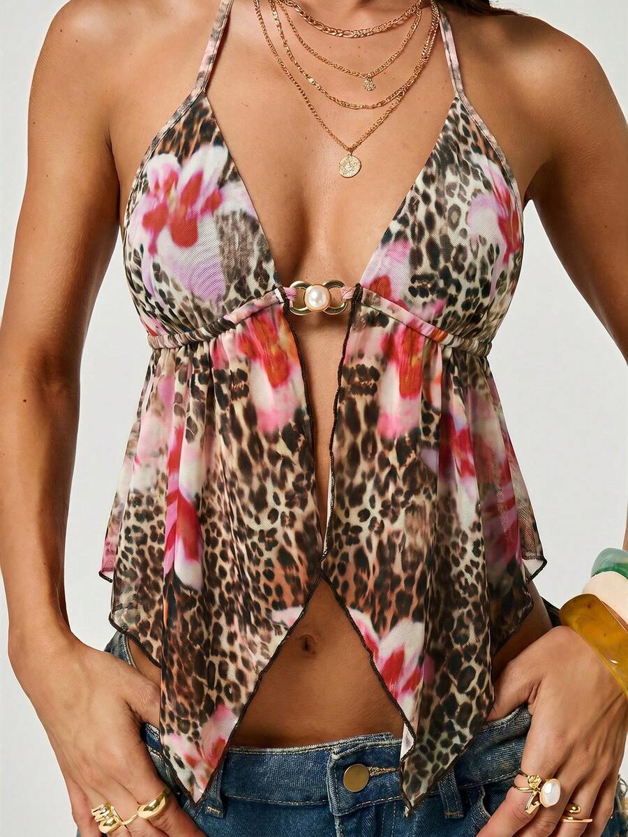 SHEIN ICON Summer Sexy Leopard Print Floral Halter Top - Multicolor - View 1