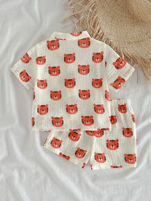 Loomiva Baby Boy Contrast Color Little Tiger Cartoon Pattern Round Neck Short Sleeve Button-Up Top And Elastic Waist Shorts 2-Piece Set - Apricot - View 2