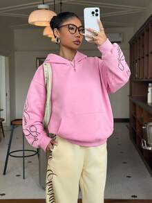 Muchica Women's Pink Hooded Embroidered Long Sleeve Sweatshirt - Pink - View 3