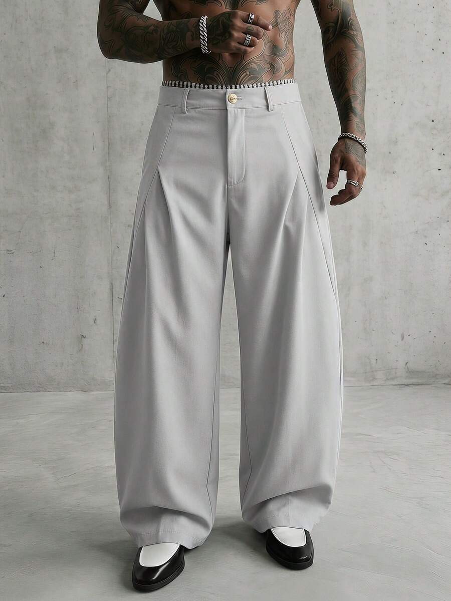 AXEPEAK Pantalones casuales versátiles de uso diario con botones y pliegues de unicolor para hombres - Gris - Ver 1