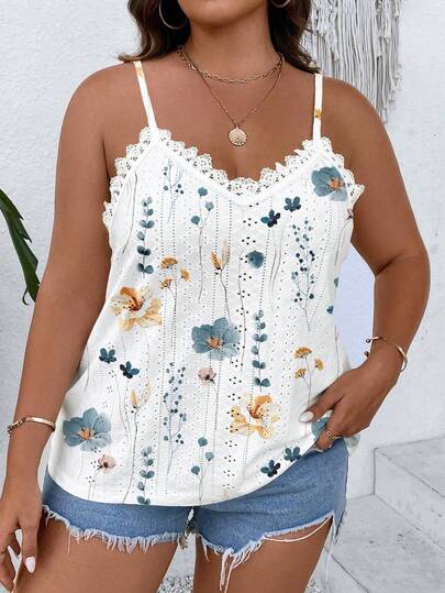 Breezaya Women's Elegant Textured Grey Floral Print Lace Patchwork Camisole Tank Top