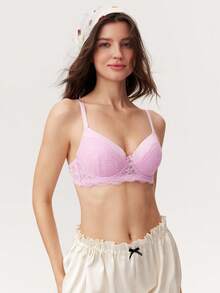 Elorette 1pc Lace Patchwork Sexy Supportive Romantic Wireless Everyday Lingerie Bra For Small Bust Women - Pink - View 4