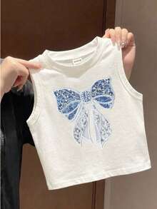 [Random 5Sets, Send 1 Set]Chance Of Getting 1 Set!! Young Girl Round Neck T-Shirt With Bow Decal - White - View 9