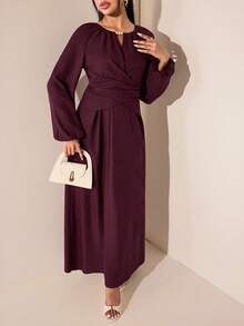 Veilorie Gaun Arab Elegan Wanita Warna Polos dengan Lengan Lentera Raglan - Merah - View 2
