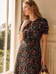 Écloséra Summer New French Vintage Black Floral V-Neck Puff Sleeve Long Dress, French Vintage Waist-Defining Slimming Tea Length Dress, Suitable For Beach Vacation And Commute Elegant Outfit - Pink - View 6