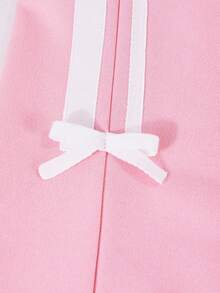 Girls 2pcs Set Solid Color Knit Round Neck T-Shirt + Wide Leg Long Pants Set, 3D Bow Decoration, Side Seam Color Block Stripe Decoration, American Minimalist Casual, Sports Style, Suitable For Daily Casual, Sports Wear In Spring And Summer - Pink - View 8