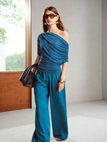 MOTF PREMIUM ASYMMETRIC SHOULDER RUCHED KNIT TOP - Teal Blue - View 4