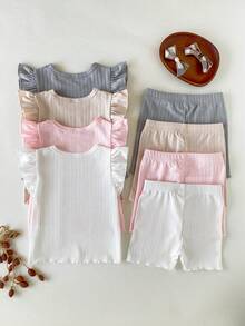 SHEIN Playful Pals 8件組/女嬰0-3歲春夏季新品休閒日常外出可愛素色針織不對稱羅紋短袖背心T恤上衣與短褲8件套裝 - 彩色 - 查看 2
