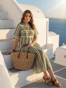 EMERY ROSE Women's Plus Size Yarn-Dyed Striped Round Neck Short Sleeve Casual Dress - Green - View 5