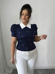 Elenzga 夏季珍珠裝飾 3D 泡泡袖法式復古風短版修身大尺碼 T-shirt - 寶藍色 - 查看 3