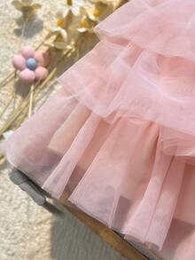 Loomiva Newborn Baby Girl Knitted Top Multi-Layer Front Print Pink Tulle Hem Cake Skirt Bow Dress Cute Summer White Embroidery Sleeveless Ruffle Dress Back Invisible Zipper Comfortable - Pink - View 7