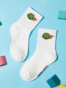 TEENAGE MUTANT NINJA TURTLES | SHEIN 4雙兒童棉質軟透吸濕管襪，忍者龜卡通圖案，加強腳趾與腳跟，耐穿，男女通用，適合四季，適用於學校與戶外活動 - 白色 - 查看 3