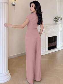 Nuevo conjunto elegante y casual de estilo coreano con mangas cortas y cintura ceñida, versátil para el trabajo y el uso diario - Rosa - Ver 5