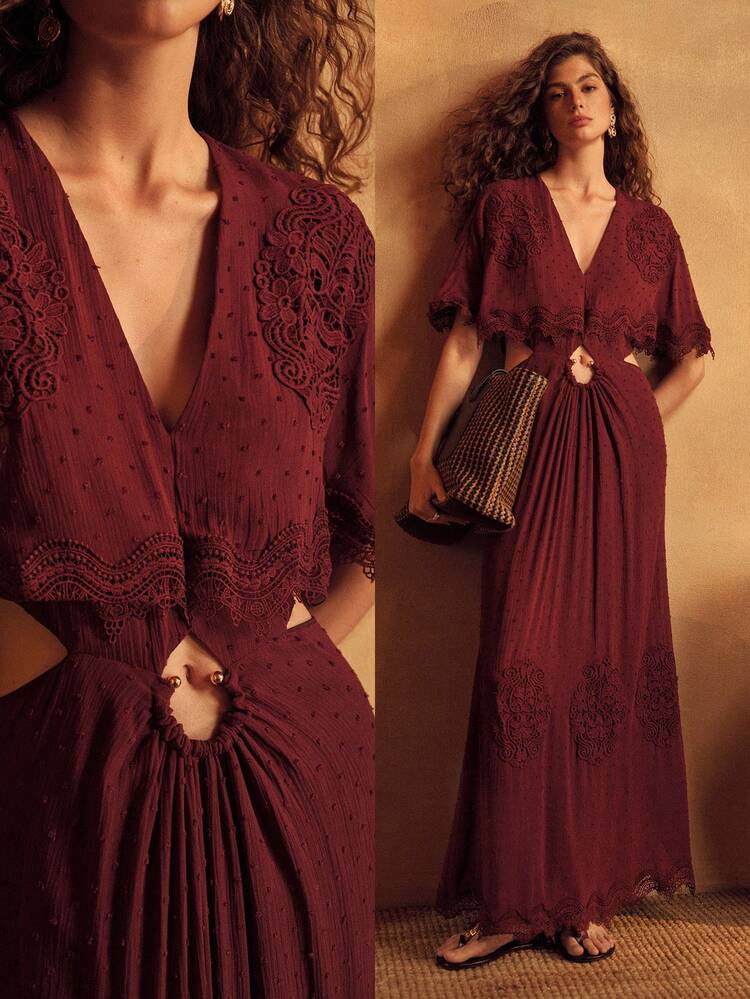 WOMEN'S SPRING/SUMMER 100% VISCOSE SWISS DOT LACE PATCHWORK EMBROIDERED MIDI VACATION DRESS