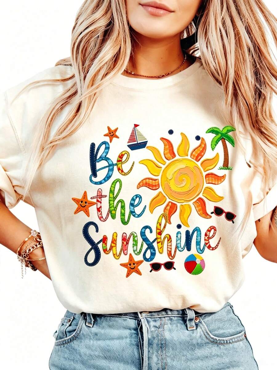DrmWander 女款 Be The Sunshine 印花短袖T恤，夏季海灘棕櫚樹與太陽圖案休閒上衣 - 杏色 - 查看 1
