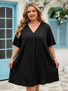 SHEIN CURVE+ New Elegant Casual/Business Casual Women's Short Sleeve Chiffon Shirt Dress, V-Neck Loose Ruffle Sleeve Midi Dress, Plus Size T-Shirt Dress, Plus Size Vacation Dress, Plus Size Black Dress, Black V-Neck Dress - Black - View 1