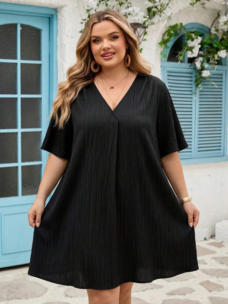 SHEIN CURVE+ New Elegant Casual/Business Casual Women's Short Sleeve Chiffon Shirt Dress, V-Neck Loose Ruffle Sleeve Midi Dress, Plus Size T-Shirt Dress, Plus Size Vacation Dress, Plus Size Black Dress, Black V-Neck Dress - Black - View 1