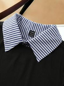 SHEIN Franclia 女款黑白條紋二合一襯衫，夏季隨意時尚襯衫領收腰圓下擺上衣，適合校園開學穿搭 - 黑色 - 查看 4