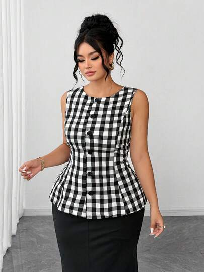 Elenzga Plus Size Women's Round Neck Plaid Casual Versatile Daily Outing Top