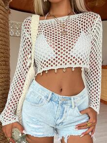 Livesso Women's Solid Color Hollow Knit Cropped Cover Up Vacation Summer Beach Pool Party White Tropical Boho - Beige - View 5