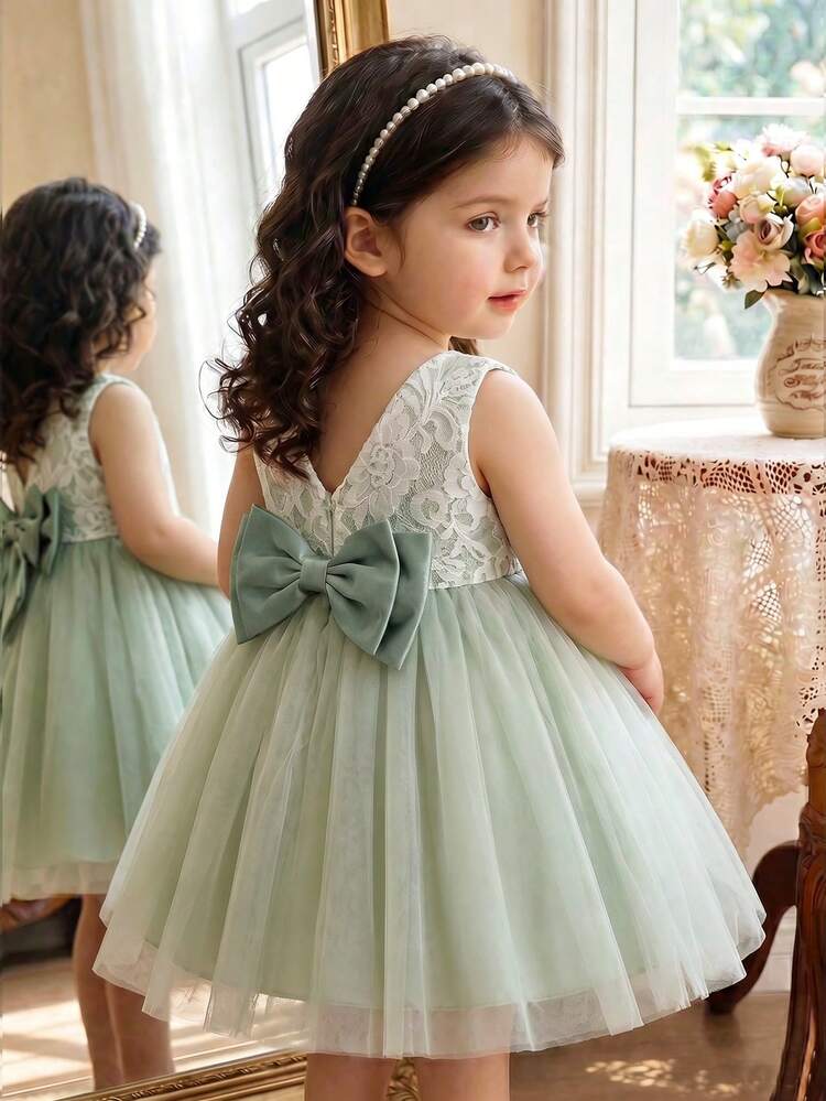 green and white toddler dress SHEIN Glamorique Kids Wedding Flower Girl Princess Girls Ball Gown Party All Seasons Sage Tutu Mesh Beaded V-Back Big Bow Summer Elegant Autumn Winter style: IFW6022