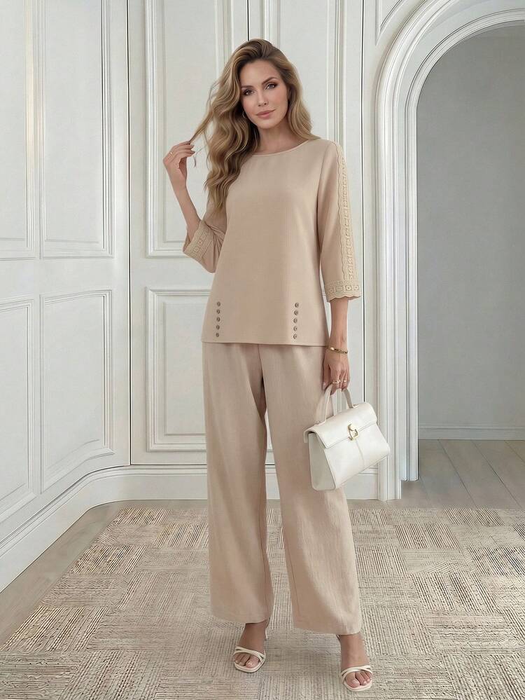 Women's Solid Color Round Neck Long Sleeve Top And Long Pants Casual Daily 2 Pieces Set,Summer Set
