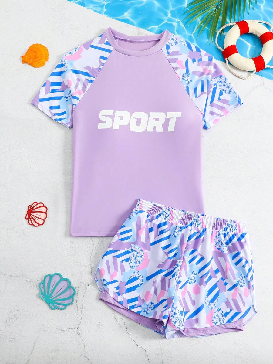 SHEIN 少女随意花卉印花休闲时尚泳装日常穿着 - 紫色 - 查看 1