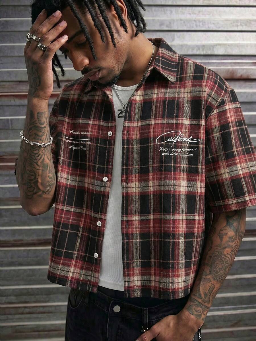 AXEPEAK Men's Plaid Letter Print Single-Breasted Short Sleeve Shirt For Daily Wear - Multicolor - View 1