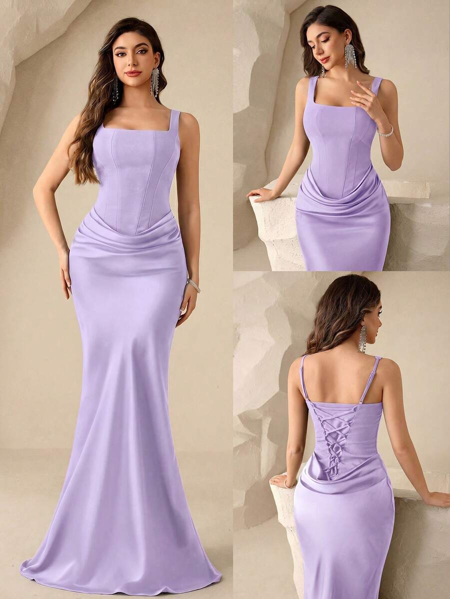 Coutiva Women's Solid Color Pleated Elegant Waist-Defining Evening Gown Dress - Purple - View 1