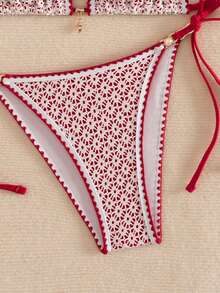 Vaytide Women's Hollow Fabric Blue Shell Flower Pearl Trim Sexy Style Triangle Bag - Red - View 5
