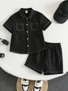 SHEIN 2件套男婴/小男孩休闲校园风宽松露肩上衣衬衫和松紧腰短裤套装，适合春夏穿着 - 黑色 - 查看 6