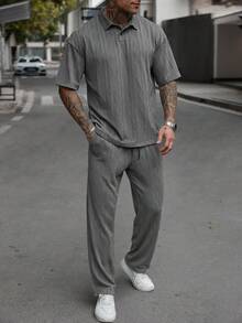 Manfinity Homme 男士针织纹理短袖 Polo 衫和裤子套装男装男士 T 恤套装男士两件套男士服装男士 T 恤套装男士两件套服装 - 灰色 - 查看 6