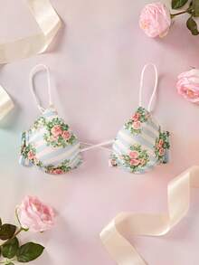 Elorette Sujetador con cierre delantero con estampado floral azul claro, con soporte, de estilo romántico campestre para mujeres - Celeste - Ver 2