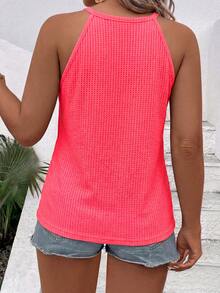 EMERY ROSE Fashion Casual Basic Waffle Knit Neon Red Plus Size Women's Halter Neck Tank Top - Red - View 2