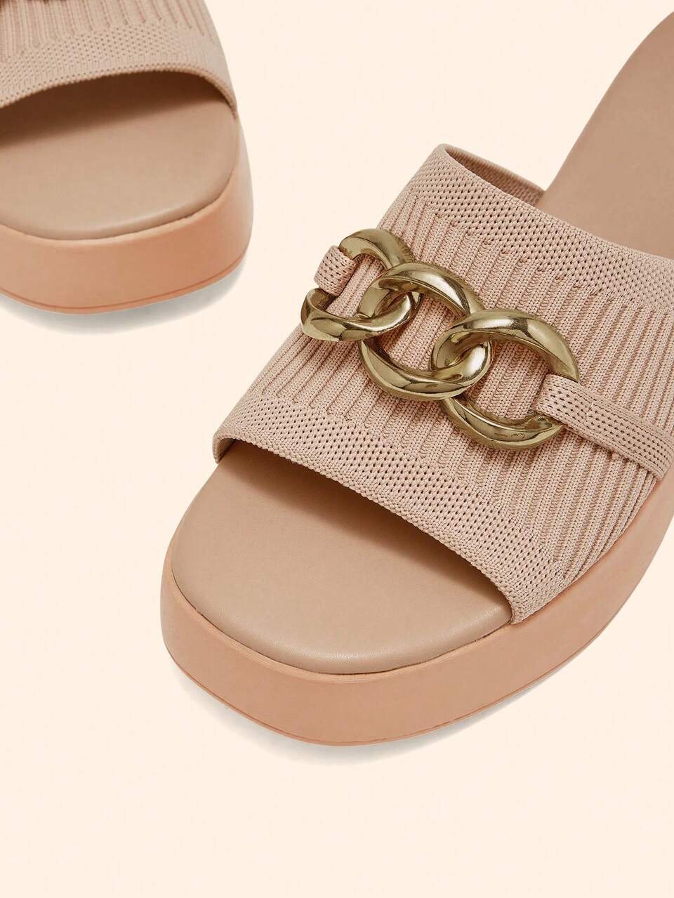 CUCCOO BASICS Women Shoes Round Toe Thick Sole Apricot Knitted Metal Chain Simple And Comfortable Breathable Women's Fashion Flat Bottom Thick Sole Sandals Slippers Daily Versatile Commuter Women's Slippers Summer