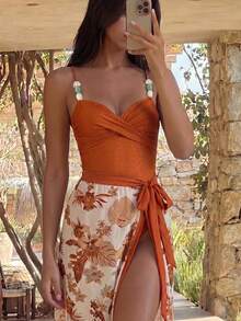 Swim Oasis Summer Women's Casual Tropical Sexy Vacation Criss-Cross Spaghetti Strap Beaded One-Piece Swimsuit Print Plant Mesh Lace-Up Skirt 2 Pieces Swimwear Set - Multicolor - View 1