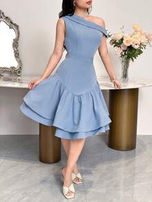 Feyla Women's Elegant Party Solid Color Asymmetric Neckline Midi Dress - Baby Pink - View 4