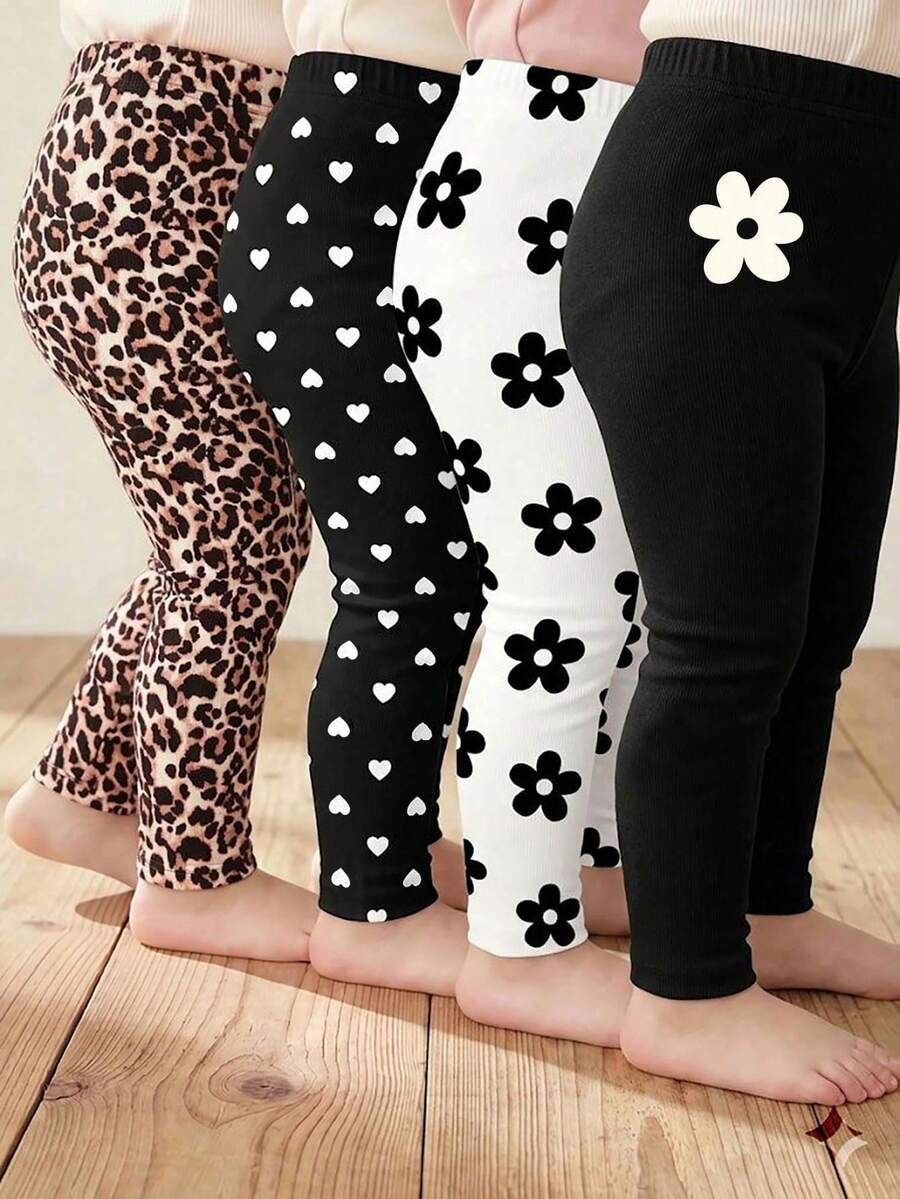 SHEIN Vintaside Kids 4件套女童休闲百搭柔软可爱印花、豹纹、爱心和纯黑色打底裤,性价比高,适合春夏室内外玩耍 - 彩色 - 查看 1